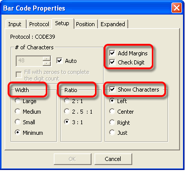 What are the definitions of each field in the bar code settings? (P