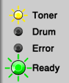 <P>Toner (Yellow): On<BR>
Drum (Yellow): Off<BR>
Error (Red): Off<BR>
Ready (Green): On</P>