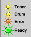 <P>Toner (Yellow): flashing<BR>
Drum (Yellow): flashing<BR>
Error (Red): flashing<BR>
Ready (Green): flashing</P>