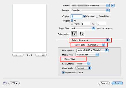 Print dialog of BR-Script driver