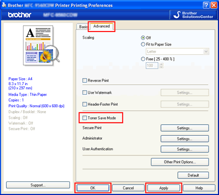 Printing Preferences dialog box