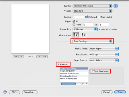 Uncheck the Toner Save Mode