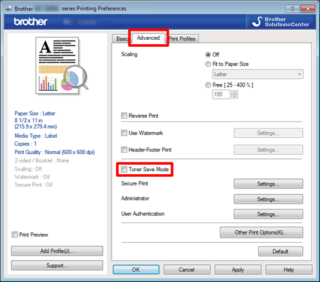 Turn the Toner Save Mode on or off. | Brother