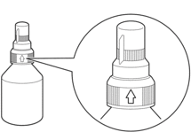 Вкарайте силно накрайника на бутилката в резервоара за мастило, така че стрелката, показана върху бутилката с мастило, да е нагоре