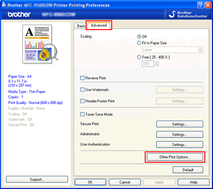 Printing Preferences dialog box