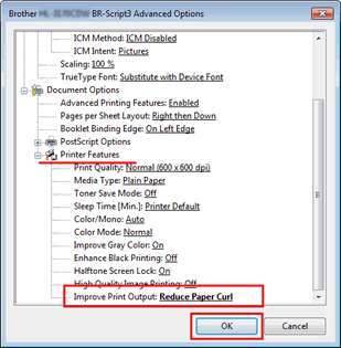 Printing Preferences dialog box of Windows BR-Script driver