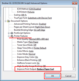 Dialogfeld Druckeinstellungen des Windows BR-Script-Treibers