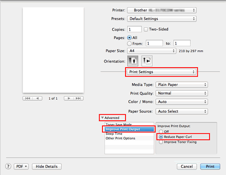 Print dialog of Mac OS X CUPS printer driver