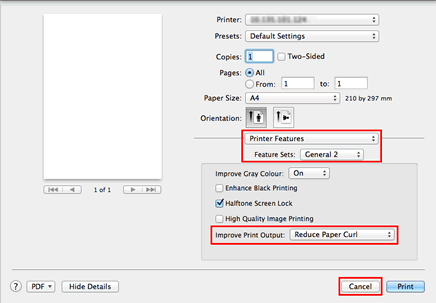 Print dialog of Mac OS X BR-Script driver