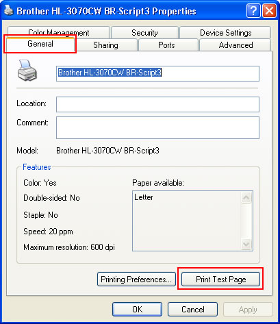 brother printer not printing test page