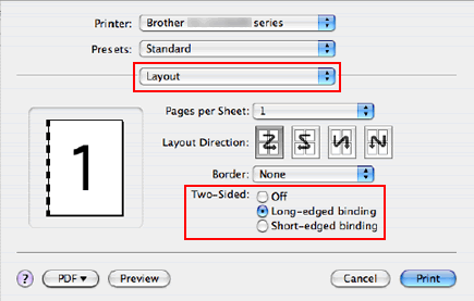 Waar vind ik de instelling voor automatisch 2-zijdig (duplex) afdrukken in  de driver voor Mac OS X 10.3.x of hoger? | Brother