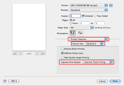 Print dialog of BR-Script driver