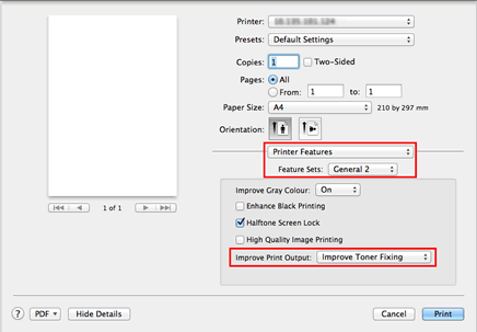 Print dialog of Mac OS X BR-Script driver