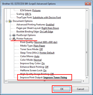 Dialoogvenster Voorkeursinstellingen van Windows BR-Script-driver