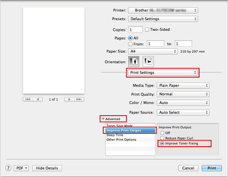 Print dialog of Mac OS X CUPS printer driver