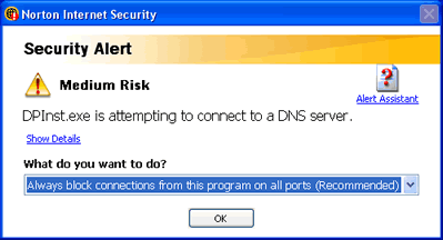 When I install the drivers, Norton AntiVirus displays the Security Alert  that the medium risk application "DPInst.exe" is attempting to connect to a  DNS server. | Brother