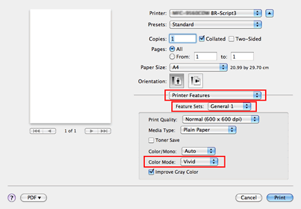 Print dialog of BR-Script driver