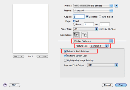 Print dialog of BR-Script driver