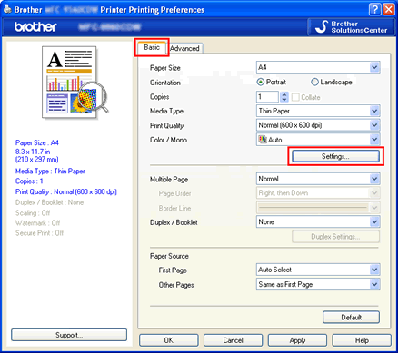 Printing Preferences dialog box