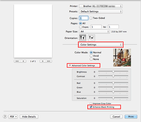 Print dialog of Mac OS X CUPS printer driver