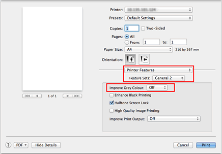 Print dialog of Mac OS X BR-Script printer driver