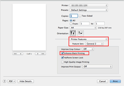 Diálogo de impresión del controlador de impresora BR-Script de Mac OS X.