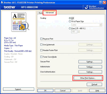 Printer Printing Preferences dialog box