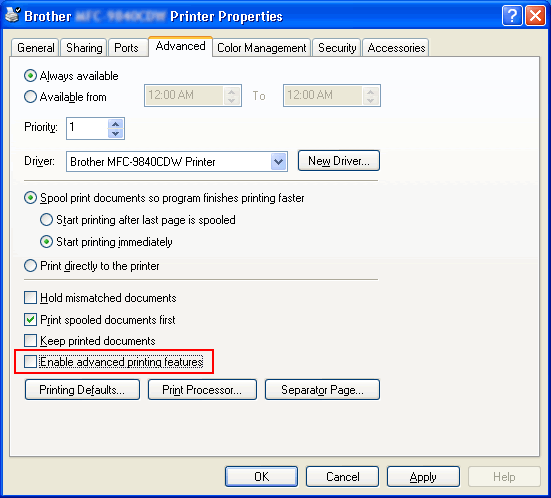 Uncheck the Enable advanced printing features option