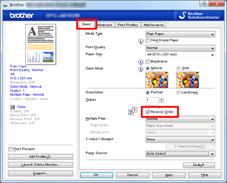 Configure the printer driver to get correctly-ordered printouts. | Brother
