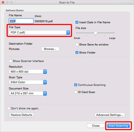 Scan settings dialog