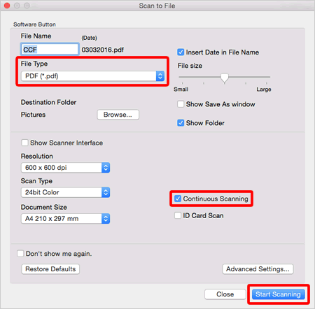 Scan settings dialog