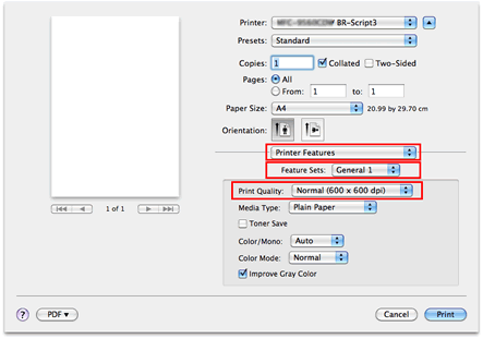 Print dialog of BR-Script driver