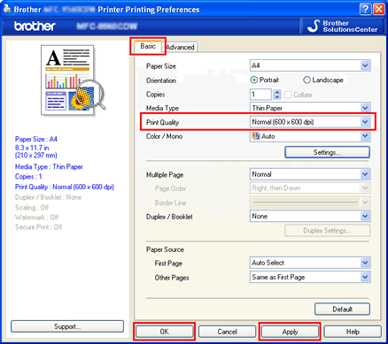 Printing Preferences dialog box