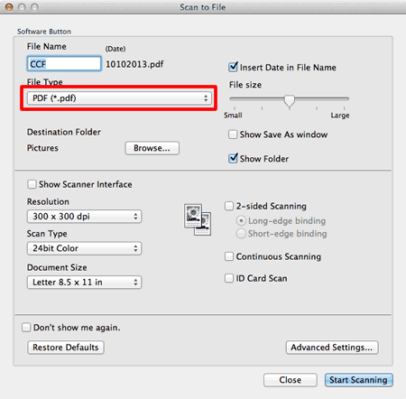 Scan and save a document in PDF format for macOS 10.14 or earlier (Scan to  File) | Brother