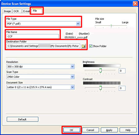 A janela Device Scan Settings (Definições de exame do dispositivo)