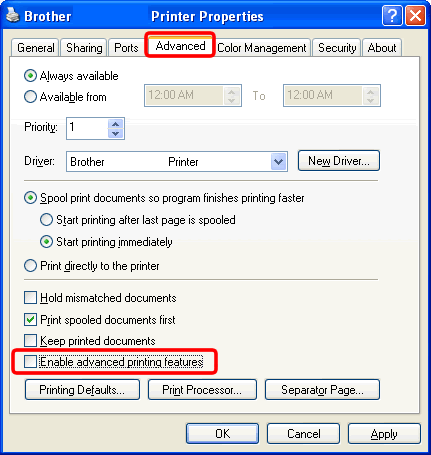 Mein Gerät druckt nur ein Exemplar selbst wenn ich bei der Anzahl Seiten  zwei oder mehr Ausdrucke verlange (Für Windows 2000/XP und Windows Vista).  | Brother