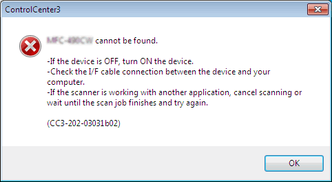 The error message "[model name] cannot be found. ... (CC3-202-03031b02)"  appears when scanning a document using ControlCenter3 on Windows 7 with the  USB connection. | Brother