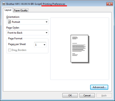Printing Preferences dialog box of BR-Script driver