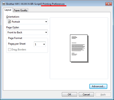 Printing Preferences dialog box of BR-Script driver Printing Preferences dialog box of BR-Script driver