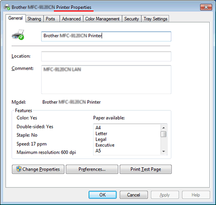 Printer Properties dialog box