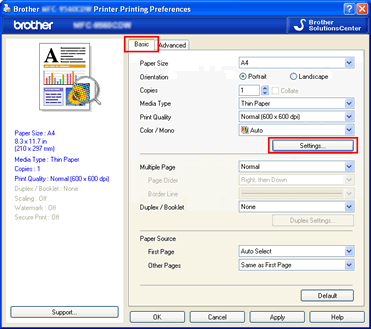 Printing Preferences dialog box