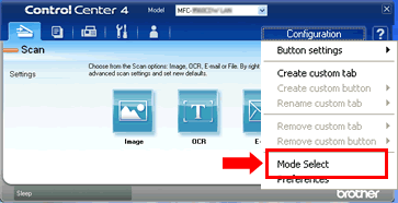 Configuration menu in ControlCenter4 supporting Advanced Mode and Home Mode