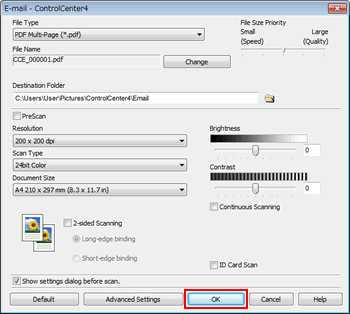 The settings window for Scan to E-mail