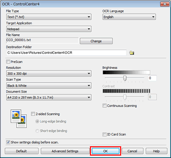 The settings window for Scan to OCR