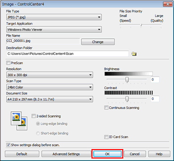 The settings window for Scan to Image