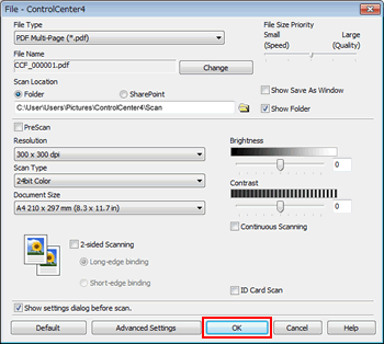 Modificare le impostazioni per la scansione da ControlCenter4 o da tasto  SCAN (per Windows) | Brother