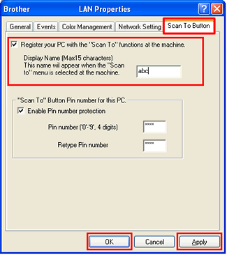 Диалогов прозорец за свойства на мрежовия скенер (раздел сканиране към бутон)