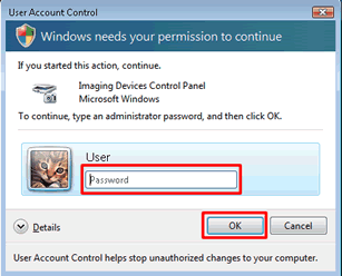 Enter the administrator password, and click OK or Yes.