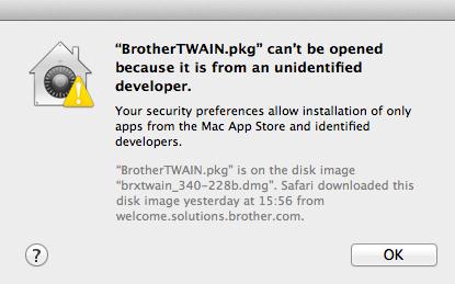 В OS X v10.8.x появляется сообщение “Приложение [имя файла] нельзя открыть,  так как его автор является неустановленным разработчиком.”. | Brother