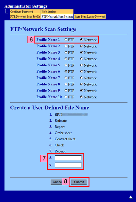 scheda Impostazioni di scansione FTP / rete